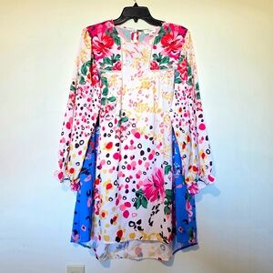 Umgee Floral Animal Print Mixed Media Boho Dress Size Large EUC